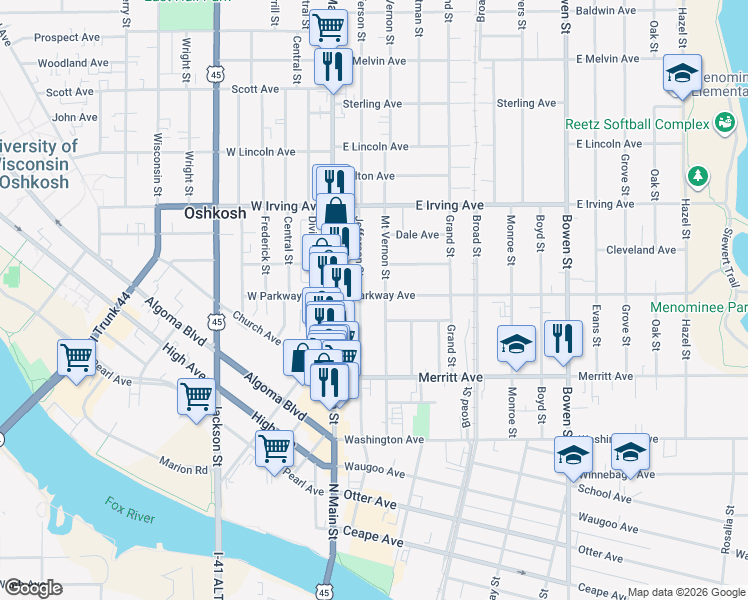 map of restaurants, bars, coffee shops, grocery stores, and more near 576 Jefferson Street in Oshkosh