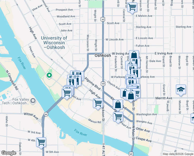 map of restaurants, bars, coffee shops, grocery stores, and more near in Oshkosh