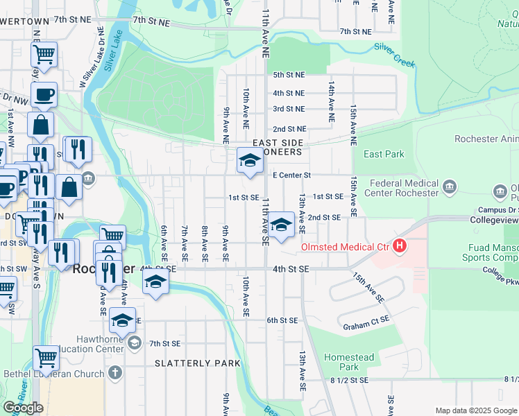map of restaurants, bars, coffee shops, grocery stores, and more near 112 10th Avenue Southeast in Rochester