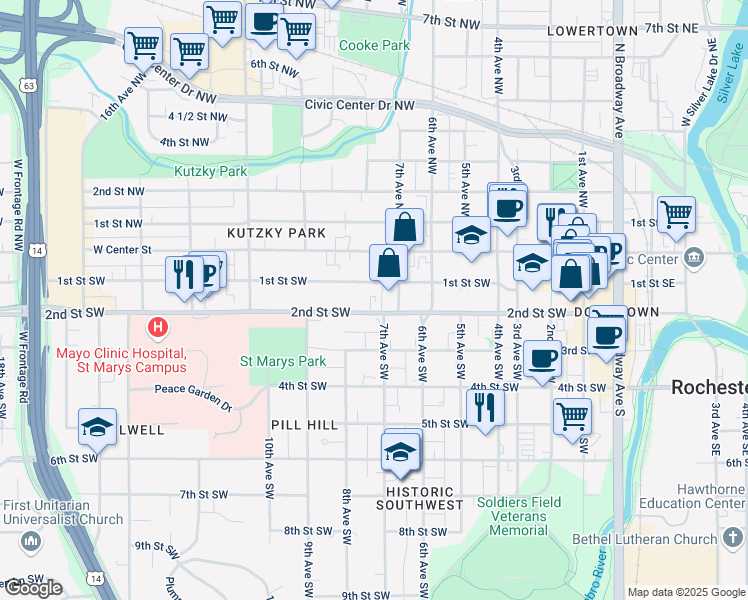 map of restaurants, bars, coffee shops, grocery stores, and more near 723 2nd Street Southwest in Rochester