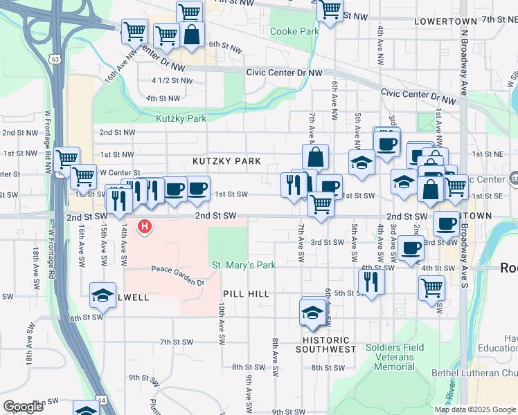 map of restaurants, bars, coffee shops, grocery stores, and more near 839 2nd Street Southwest in Rochester