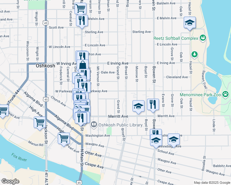 map of restaurants, bars, coffee shops, grocery stores, and more near 327 East Parkway Avenue in Oshkosh