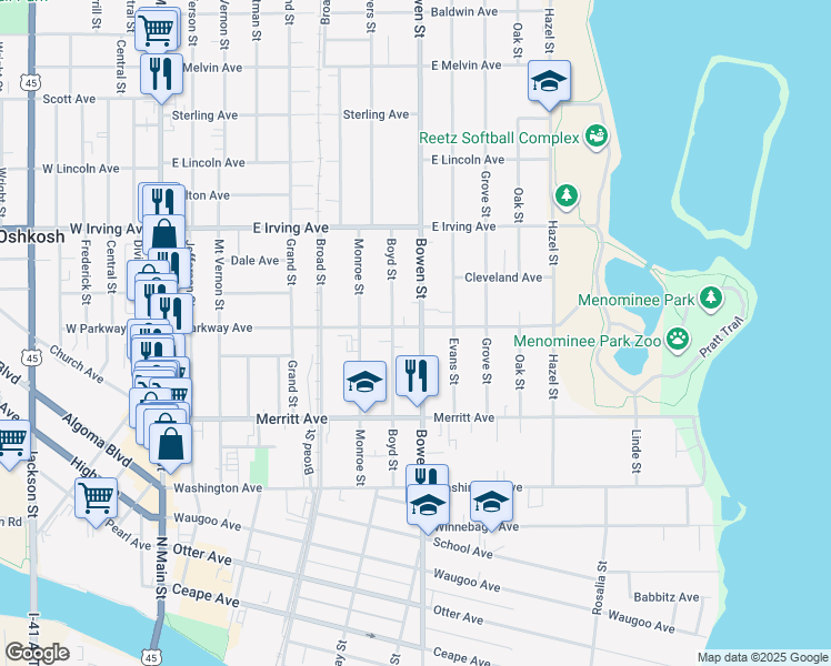 map of restaurants, bars, coffee shops, grocery stores, and more near 811 East Parkway Avenue in Oshkosh