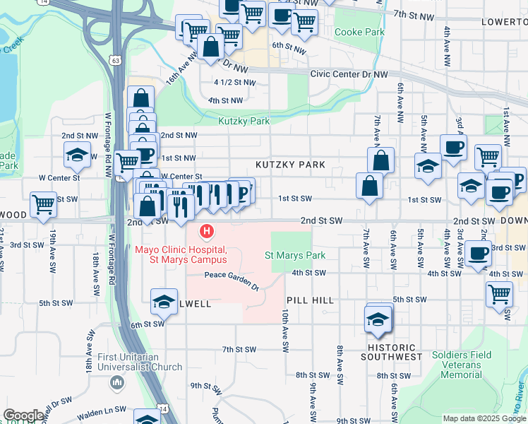 map of restaurants, bars, coffee shops, grocery stores, and more near 1102 2nd Street Southwest in Rochester