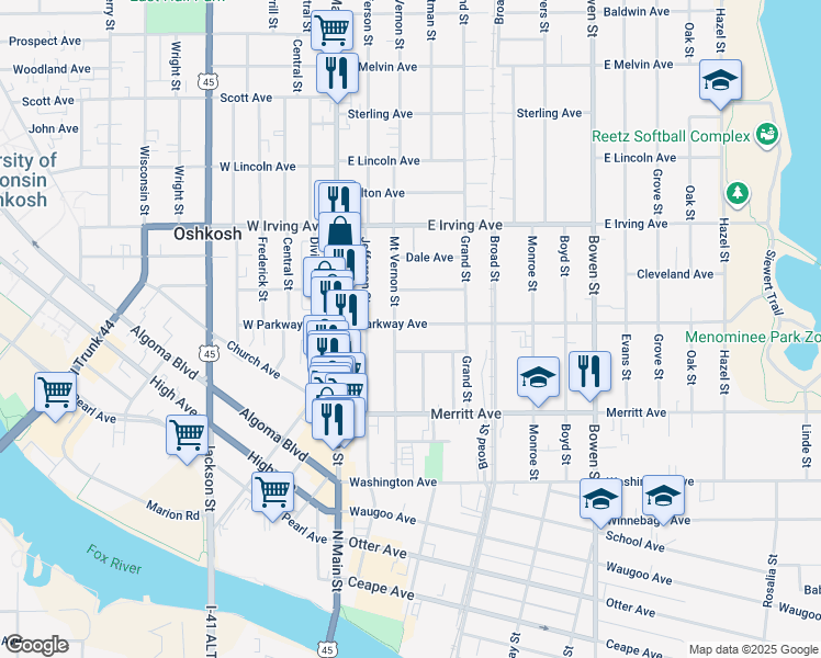 map of restaurants, bars, coffee shops, grocery stores, and more near 215 East Parkway Avenue in Oshkosh