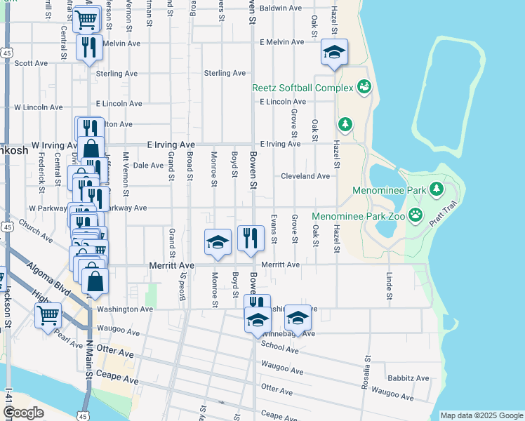map of restaurants, bars, coffee shops, grocery stores, and more near 811 East Parkway Avenue in Oshkosh