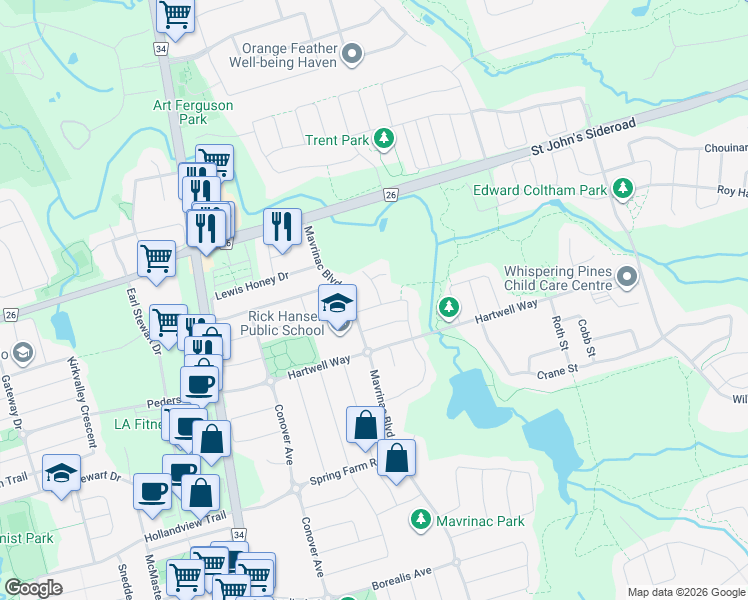 map of restaurants, bars, coffee shops, grocery stores, and more near 20 Cosford Street in Aurora