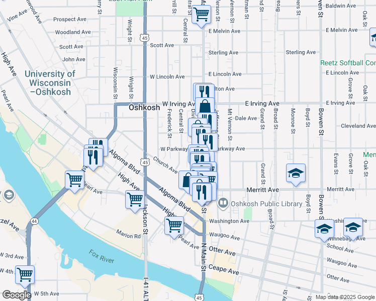 map of restaurants, bars, coffee shops, grocery stores, and more near 111 West Parkway Avenue in Oshkosh