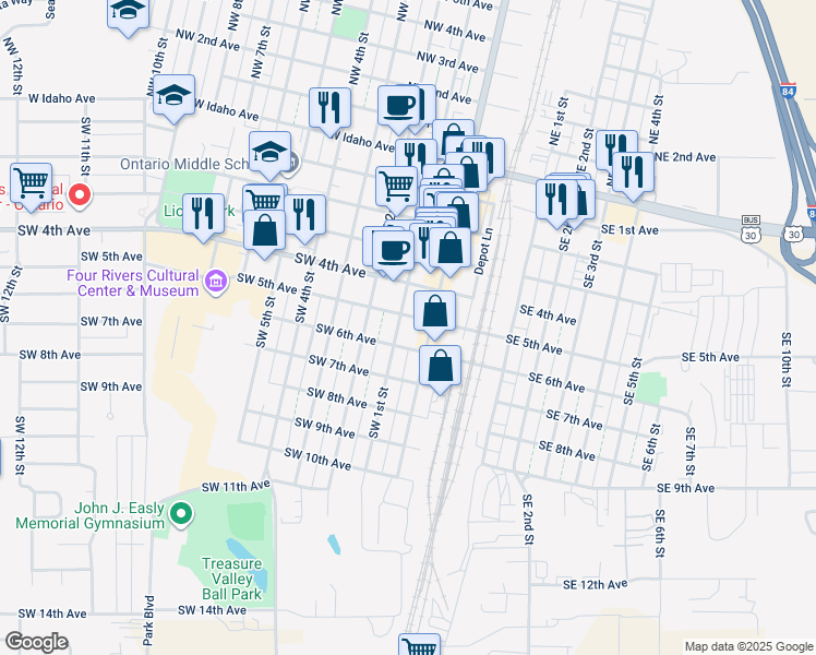 map of restaurants, bars, coffee shops, grocery stores, and more near 530 SW 1st St in Ontario
