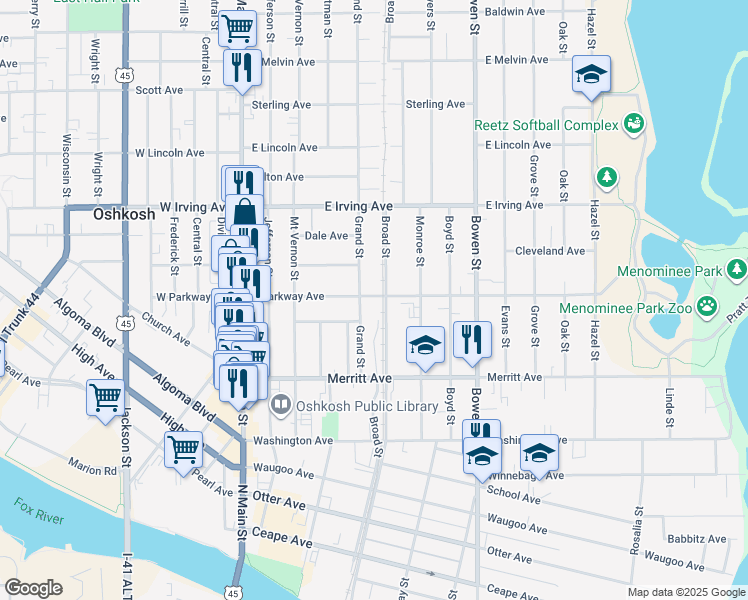 map of restaurants, bars, coffee shops, grocery stores, and more near 415 East Parkway Avenue in Oshkosh