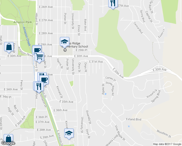 map of restaurants, bars, coffee shops, grocery stores, and more near 3192 Emerald Place in Eugene