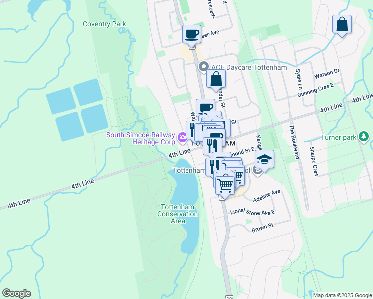 map of restaurants, bars, coffee shops, grocery stores, and more near Mill Street West in New Tecumseth
