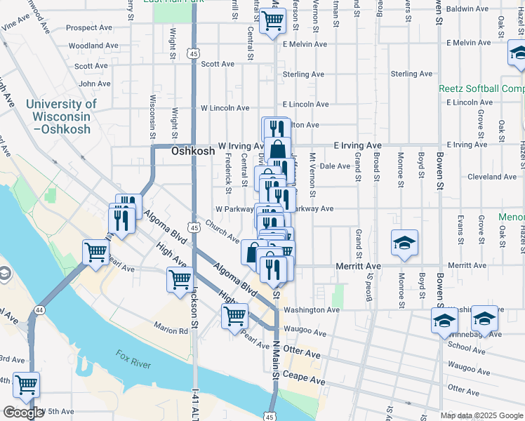 map of restaurants, bars, coffee shops, grocery stores, and more near 219 Washington Avenue in Oshkosh