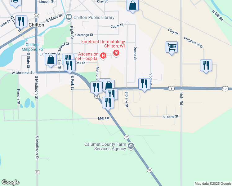 map of restaurants, bars, coffee shops, grocery stores, and more near 451 Calumet Street in Chilton