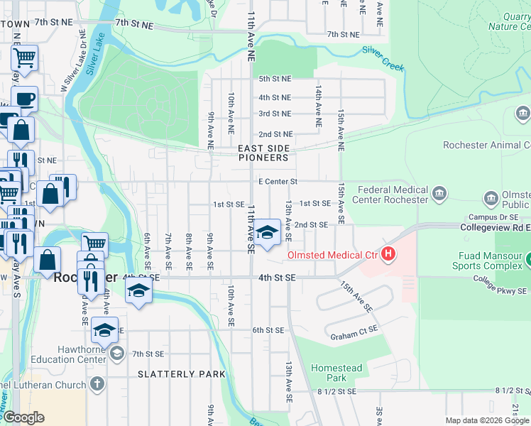 map of restaurants, bars, coffee shops, grocery stores, and more near 117 12th Avenue Southeast in Rochester