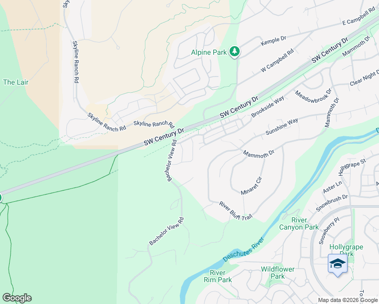 map of restaurants, bars, coffee shops, grocery stores, and more near 19305 Brookside Way in Bend