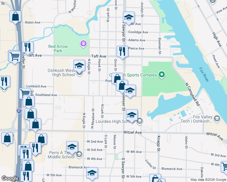 map of restaurants, bars, coffee shops, grocery stores, and more near 309 Dove Street in Oshkosh