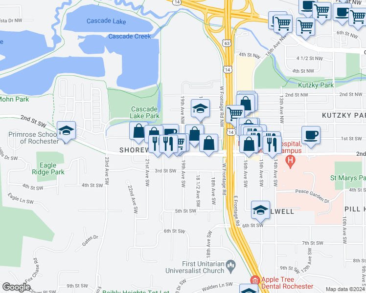map of restaurants, bars, coffee shops, grocery stores, and more near 1827 2nd Street Southwest in Rochester