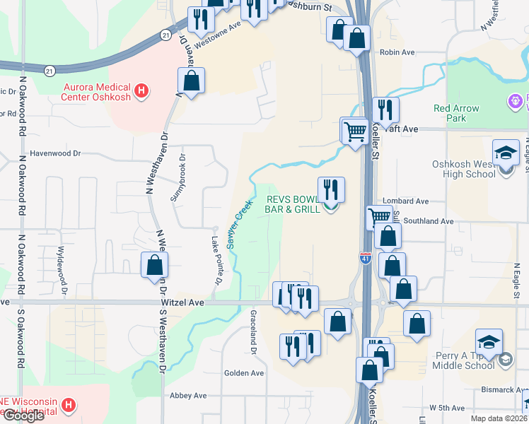 map of restaurants, bars, coffee shops, grocery stores, and more near 2235 Brookview Court in Oshkosh