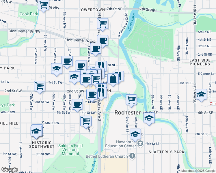 map of restaurants, bars, coffee shops, grocery stores, and more near 21 2nd Street Southeast in Rochester