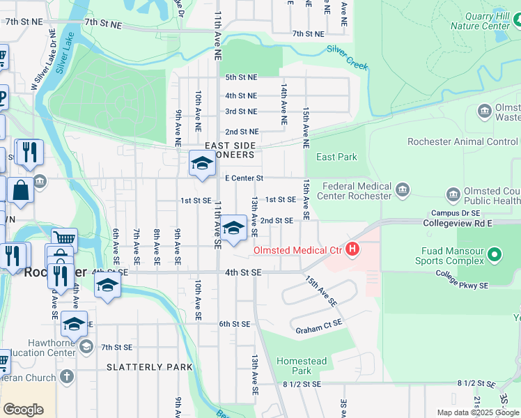 map of restaurants, bars, coffee shops, grocery stores, and more near 112 13th Avenue Southeast in Rochester