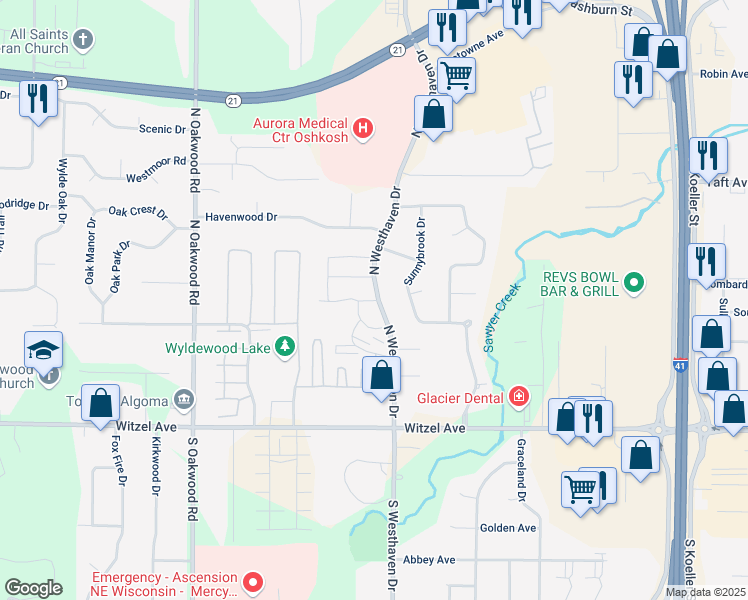 map of restaurants, bars, coffee shops, grocery stores, and more near 351 North Westhaven Drive in Oshkosh