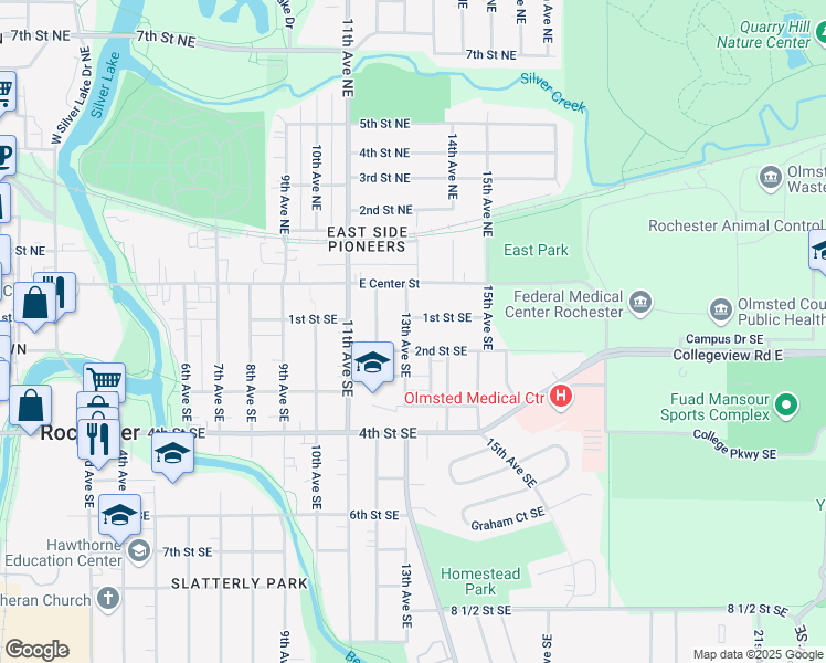 map of restaurants, bars, coffee shops, grocery stores, and more near 112 13th Avenue Southeast in Rochester