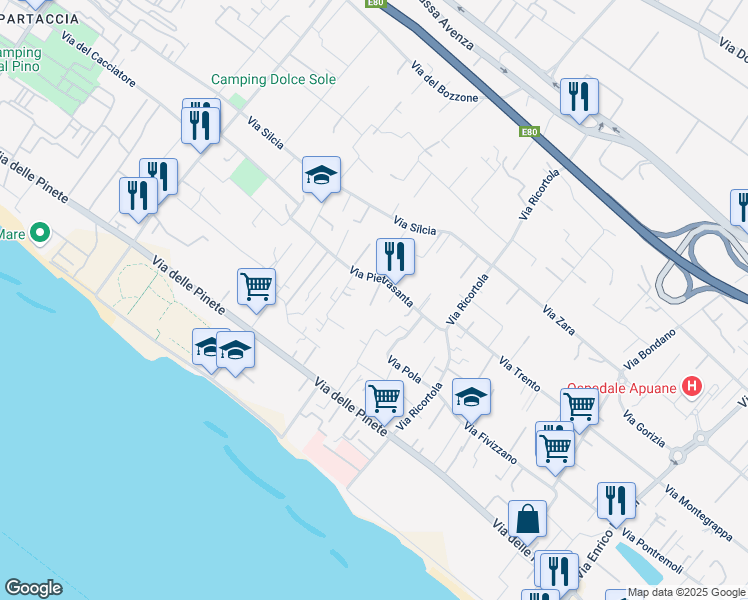 map of restaurants, bars, coffee shops, grocery stores, and more near 71 Via Pietrasanta in Massa