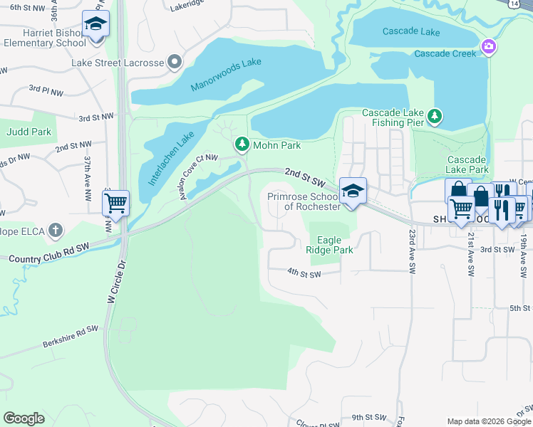 map of restaurants, bars, coffee shops, grocery stores, and more near 102 Conner Circle Southwest in Rochester