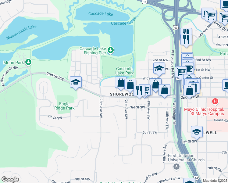 map of restaurants, bars, coffee shops, grocery stores, and more near 2215 2nd Street Southwest in Rochester