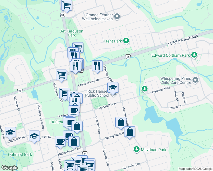 map of restaurants, bars, coffee shops, grocery stores, and more near 19 Lewis Honey Drive in Aurora