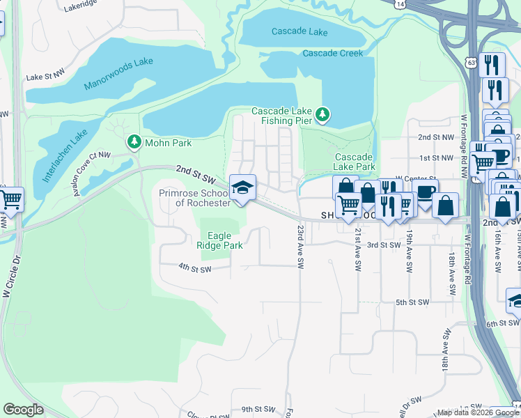 map of restaurants, bars, coffee shops, grocery stores, and more near 2400 Country Club Road Southwest in Rochester