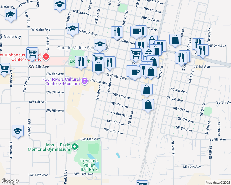 map of restaurants, bars, coffee shops, grocery stores, and more near 591 Southwest 3rd Street in Ontario