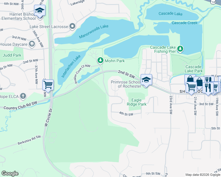 map of restaurants, bars, coffee shops, grocery stores, and more near 101 Conner Circle Southwest in Rochester