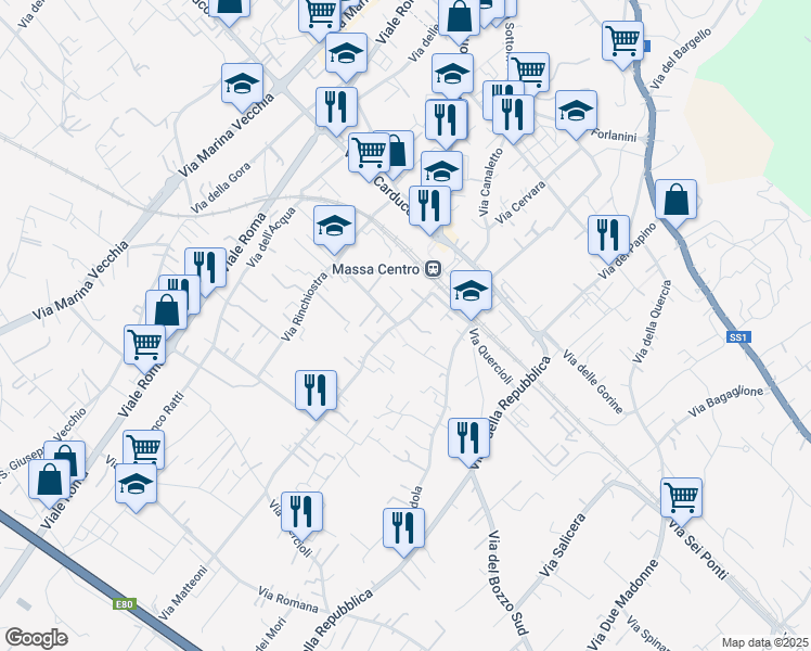map of restaurants, bars, coffee shops, grocery stores, and more near 3 Via Quercioli in Massa