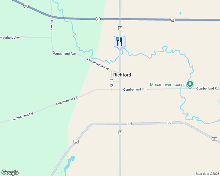 map of restaurants, bars, coffee shops, grocery stores, and more near W11126 Cumberland Road in Coloma