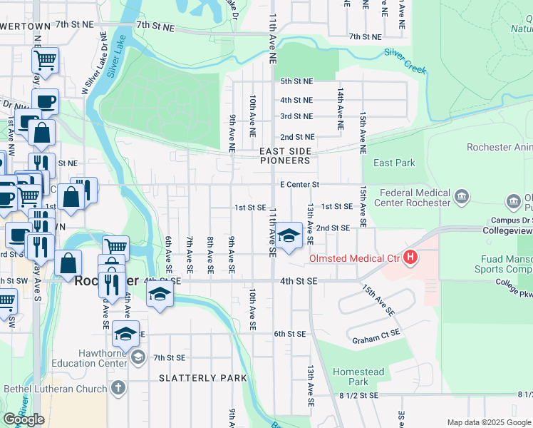 map of restaurants, bars, coffee shops, grocery stores, and more near 112 10th Avenue Southeast in Rochester