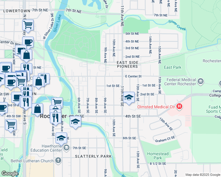 map of restaurants, bars, coffee shops, grocery stores, and more near 120 9th Avenue Southeast in Rochester