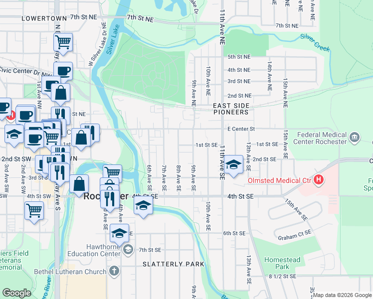 map of restaurants, bars, coffee shops, grocery stores, and more near 112 8th Avenue Southeast in Rochester