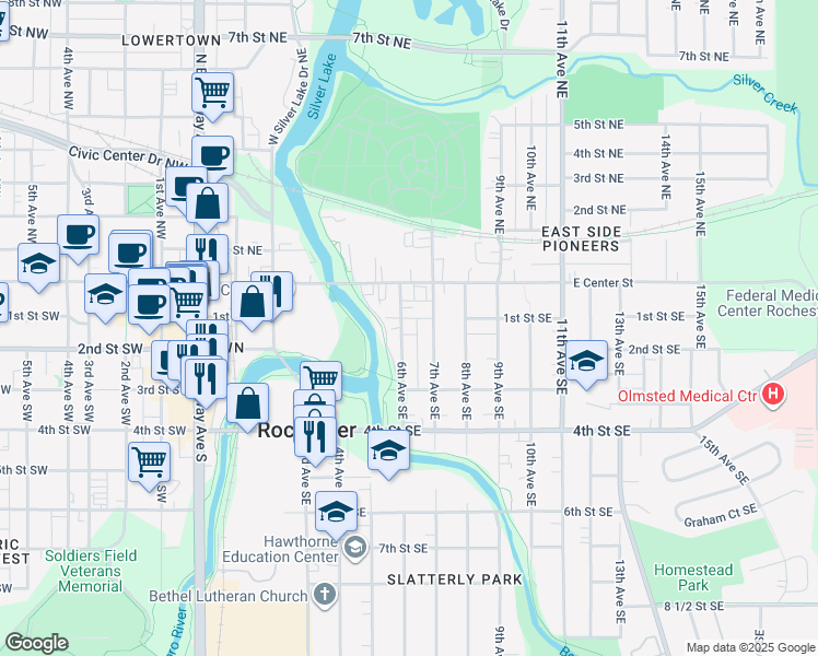 map of restaurants, bars, coffee shops, grocery stores, and more near 123 6th Avenue Southeast in Rochester