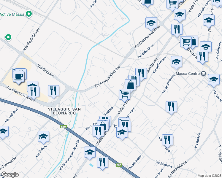 map of restaurants, bars, coffee shops, grocery stores, and more near 11 Via Gioconda in Massa