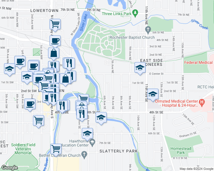 map of restaurants, bars, coffee shops, grocery stores, and more near 110 6th Avenue Southeast in Rochester