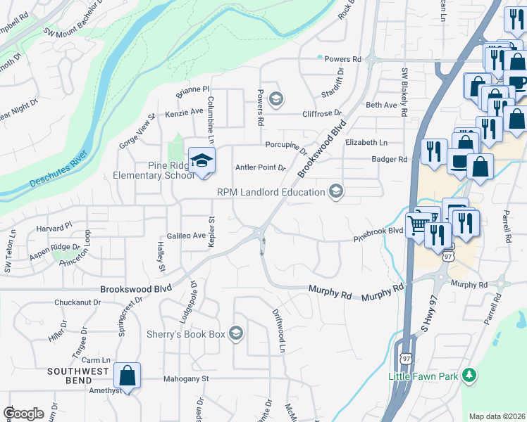 map of restaurants, bars, coffee shops, grocery stores, and more near 19917 Hollygrape Street in Bend