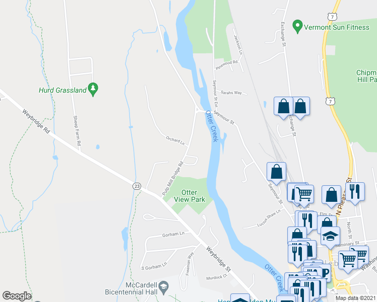 map of restaurants, bars, coffee shops, grocery stores, and more near 234 Pulp Mill Bridge Road in Weybridge