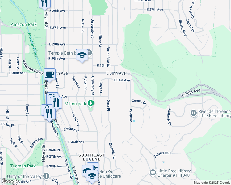 map of restaurants, bars, coffee shops, grocery stores, and more near 3192 Emerald Place in Eugene