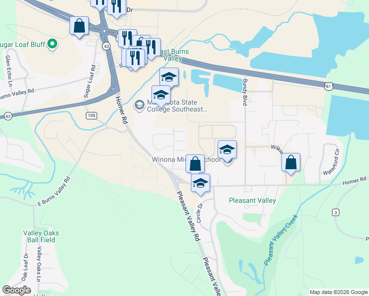 map of restaurants, bars, coffee shops, grocery stores, and more near 1372A Ln 3 in Winona