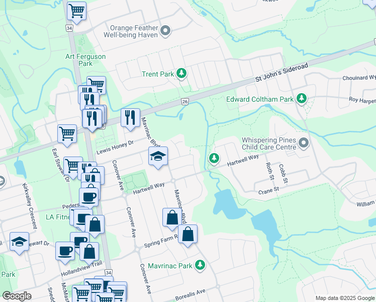 map of restaurants, bars, coffee shops, grocery stores, and more near 40 Cosford Street in Aurora