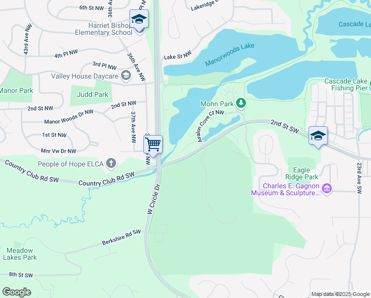 map of restaurants, bars, coffee shops, grocery stores, and more near 3250 Avalon Cove Lane Northwest in Rochester
