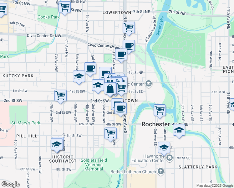map of restaurants, bars, coffee shops, grocery stores, and more near 100 1st Avenue Southwest in Rochester