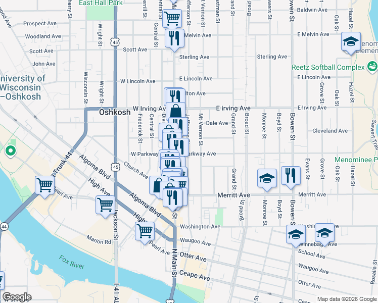 map of restaurants, bars, coffee shops, grocery stores, and more near 108 East Parkway Avenue in Oshkosh